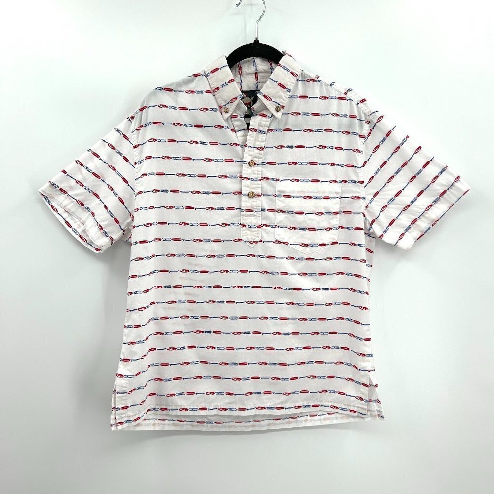 CHUBBIES THE NUTTER Men's White Red Blue Surf Board Cotton Button Up Shirt Small
